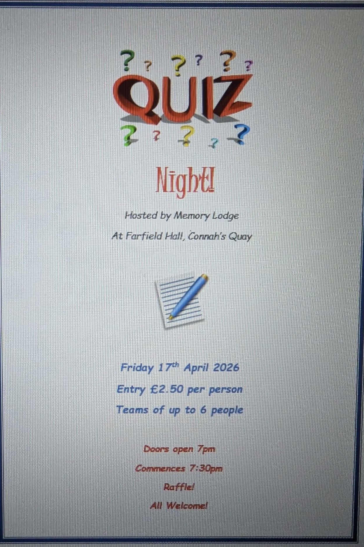 Memory Lodge Quiz Night Friday 17 April 2026 at Farfield Hall,Connah's Quay