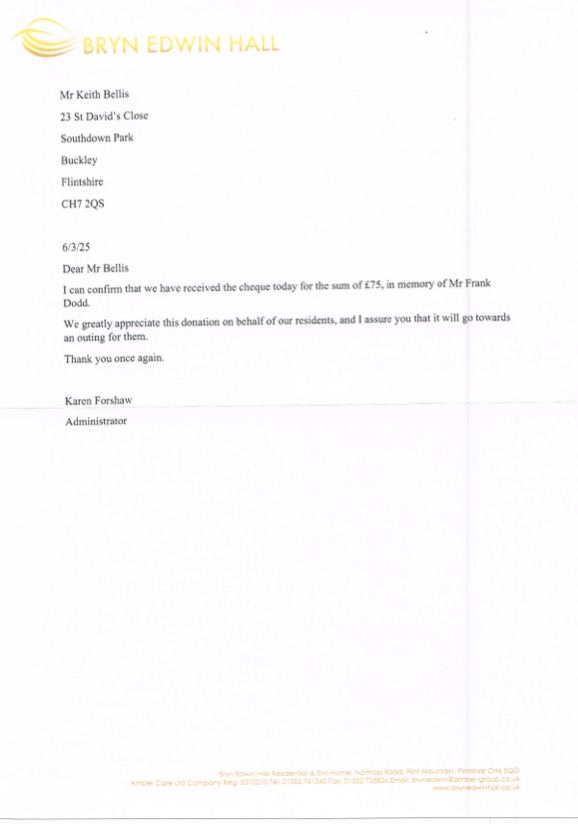 Donation to Bryn Edwin Care Home in Flint, in memory of the late W. Bro Frank Dodd, Past Master of the Lodge Feb 2025